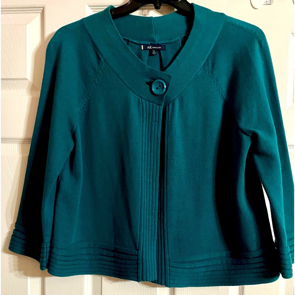 Anne Klein Womens Cardigan Sweater Blazer Emerald Cotton Blend 3/4 Sleeves